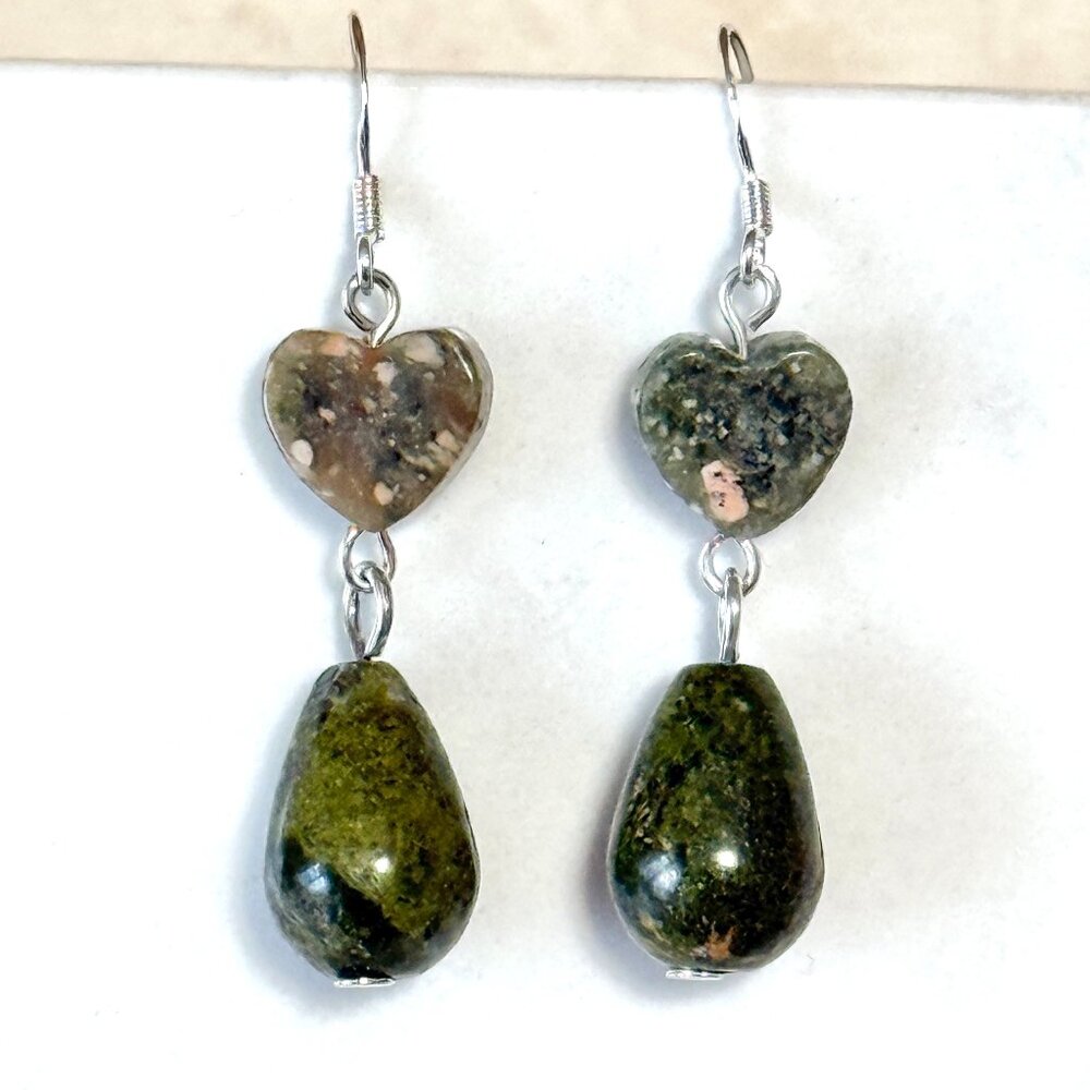 2/$20, Green Unakite Stone Heart Earrings, Genuine Gemstone Sterling Silver Hook